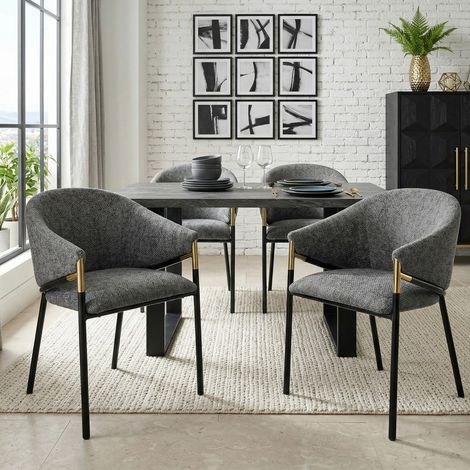 Lot de 4 chaises salle à manger gris chenille, accoudoirs acier inoxydable doré, confortables 56.5x56.5x78.5cm style moderne (1/5)