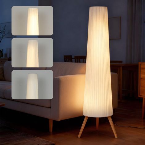 LED Stehlampe Wohnzimmer Dimmbar Holz mit Dreibein, Stehleuchte mit Fußschalter, 46 x 46 x 153 cm, Weiß (1/5)