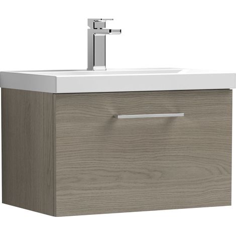 Balterley Bramshall Modern Bathroom Wall Hung 1 Soft Close Drawer Vanity Unit & Mid-Edge Basin, Solace Oak, 610mm (1/4)