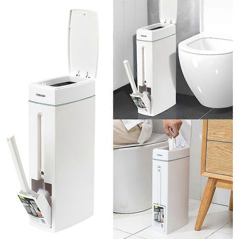 Poubelle mince avec porte-brosse WC et couvercle à verrouillage par pression pour salle de bain et cuisine (1/4)