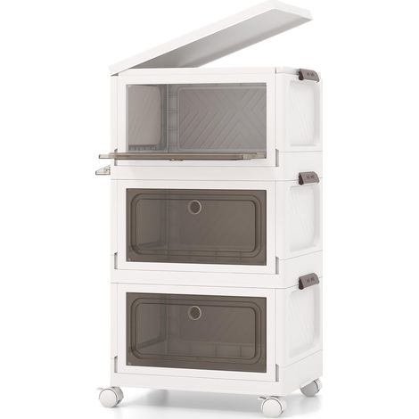 GOPLUS Lot de 3 Boîtes de Rangement Empliable, Portes Transparentes & 4 roulettes Universelles 2 Ouvertures, Armoire Pliable en PP avec Convercle pour Stockage & Présentation, pour Chambre (75 L) (1/5)