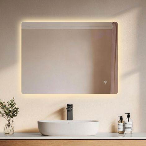 EMKE Miroir mural LED 80x60 cm pour salle de bain, rétroéclairage avec interrupteur tactile et lumière réglable froid/chaud/neutre
