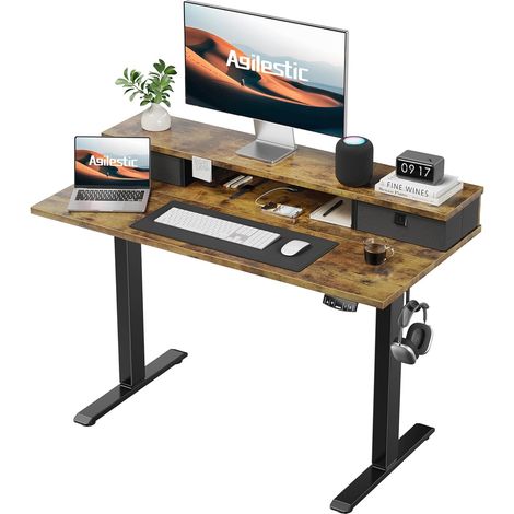 Bureau réglable en Hauteur électrique avec 2 tiroirs Bureau assis debout 100 x 60 cm, 2 positions mémoire, charge 70 kg, design ergonomique, idéal télétravail, Marron (1/5)
