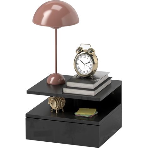 Table de chevet suspendue avec tiroir et étagère ouverte en bois, 35 x 32 x 22,5 cm, noir brillant