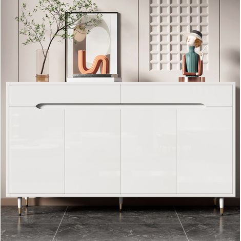 Zapatero de aglomerado blanco y dorado, 2 puertas, 2 cajones, baldas regulables, 140 x 39 x 84 cm (1/5)