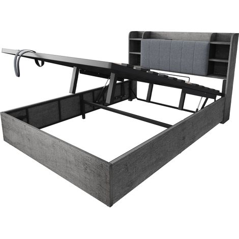 Letto contenitore idraulico 180 x 200 cm con testiera contenitore, USB e USB-C, grigio (1/5)