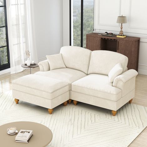 Modulare Eckcouch für 2 Personen, weicher Chenille – Retro-Stil mit Volant, Design-Armlehnen, inklusive Pouf - Beige (1/5)
