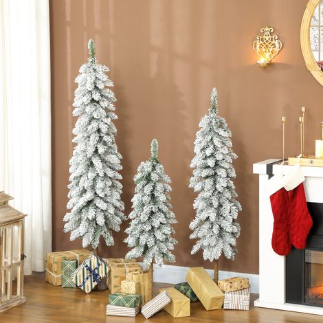 Ensemble de 3 sapins de Noël artificiels enneigés, 3 tailles, support en métal, plastique ignifugé, vert et blanc (1/5)