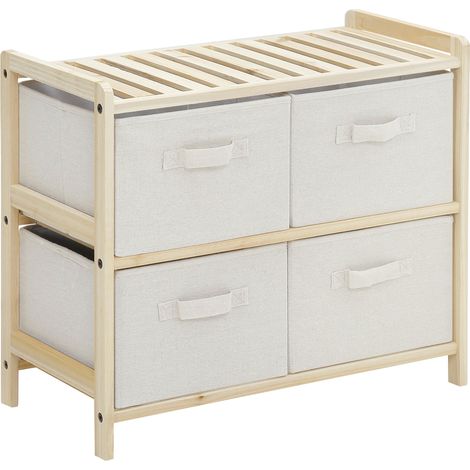 Commode en tissu meuble de rangement avec 4 tiroirs pliants en tissu de lin style élégant pour chambre à coucher bureau salon 59 x 28 x 50 cm bois naturel beige