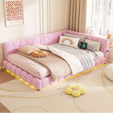 DESVIAE Lit banquette 140 x 200 cm canapé lit avec éclairage LED d ambiance 16 couleurs port USB et type C structure en MDF et velours rose (1/5)