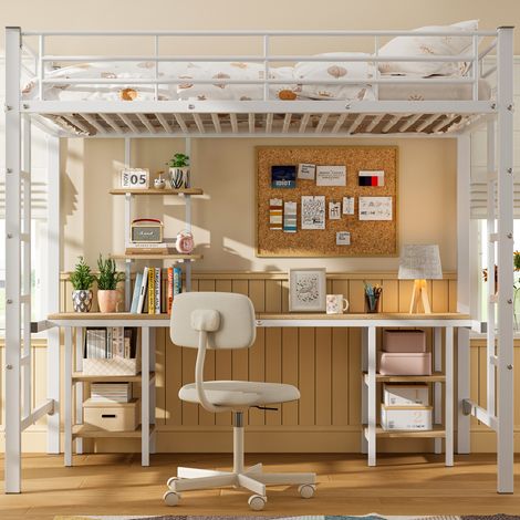 Lit mezzanine enfant 90 x 200 cm avec bureau intégré, étagères multiples, échelle latérale, garde-corps 4 côtés, structure métal/MDF, Blanc (1/5)