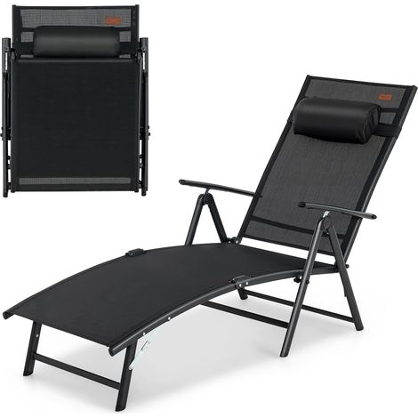 COSTWAY Chaise Longue Pliante, Transat Inclinable Portable avec Dossier Réglable sur 7 Positions, Bain de Soleil avec Accoudoir, Repose-Tête, Extérieur pour Piscine, Jardin, Balcon (Noir) (1/5)