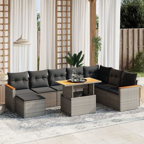 Ensemble de salon de jardin 9 places en résine tressée grise avec coussins amovibles et table à hauteur réglable (1/3)