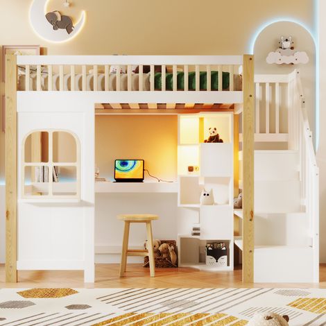 Lit mezzanine 90x200cm avec lumières LED, forme fenêtre, échelle de rangement, bureau, prise électrique, sans matelas, blanc + naturel (1/5)