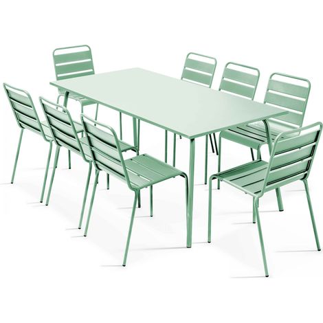 Ensemble table de jardin et 8 chaises en métal vert sauge - Palavas