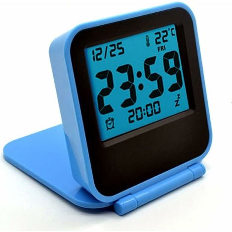 Mini petits réveils de voyage numériques avec veilleuse LCD, horloge de voyage à piles, mini horloge de température de poche pliable portable pour extérieur, lit, bureau, table, camping-car (bleu) (1/5)