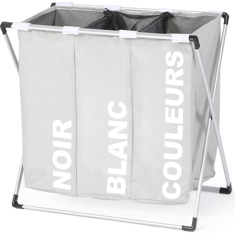 Idmarket – Panier à linge pliable 3 compartiments en polyester – Structure en aluminium – Dimensions 60x36x58 cm – Couvercle en filet avec cordon (1/5)