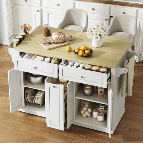 MEUBLIV Îlot de cuisine 121x69x89 cm blanc et naturel – plateau rabattable (1/5)