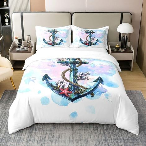Graffiti Ancre Décoration 100% Coton Housse de Couette 140x200cm thème Nautique Parure de Lit Enfants garçons Filles Aventure en mer Literie Set Côte Ensemble de Literie - 140 x 200 cm + 1 taie d'orei (1/5)