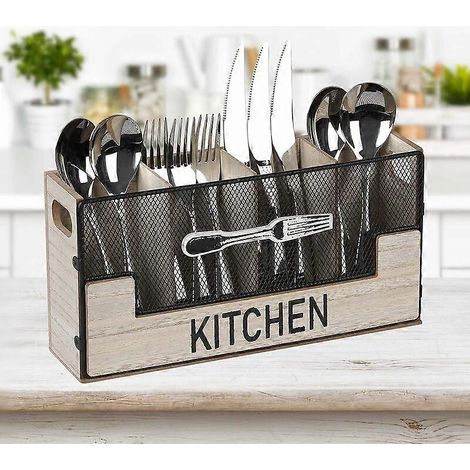Houten bestekhouder met 4 vakken, opbergruimte voor tafelbestek, decoratieve opbergruimte (exclusief messen). (1/5)