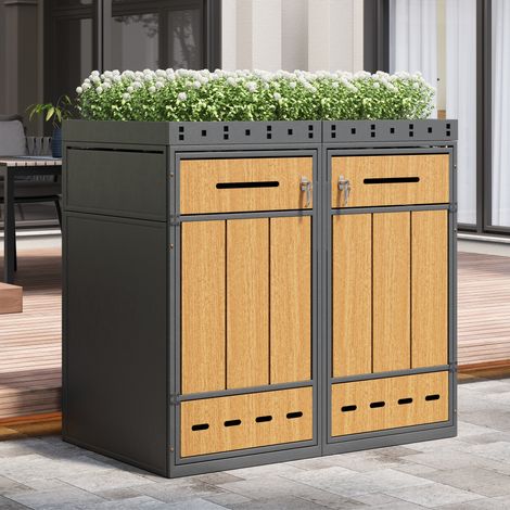 Cache-poubelle métal avec toit végétalisé, pour 2 bacs 120-240 L, aération, compartiments, rangement extérieur discret et décoratif, bois et gris (1/5)