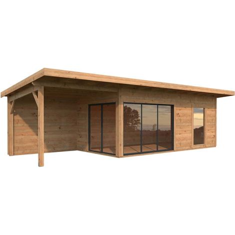 Abri de jardin en bois 25m² – Épicéa nordique 44mm – Terrasse coulissante 7,9m² – Porte coulissante et grandes fenêtres vitrées – Palmako