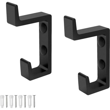 Lot de 2 Crochets Muraux pour Serviettes - Double crochet - En aluminium - Noir - Finition mate - Pour salle de bain, Cuisine, Couloir (1/4)