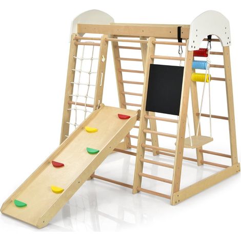 Area giochi in legno massello 8 in 1 con scivolo e scaletta per un divertimento educativo all'interno e all'esterno in legno naturale 200010029