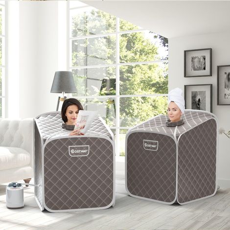 Cabine sauna vapeur grise avec chaise, rouleaux de massage des pieds, 9 niveaux et tapis absorbant pour maison et salle de bain (1/5)
