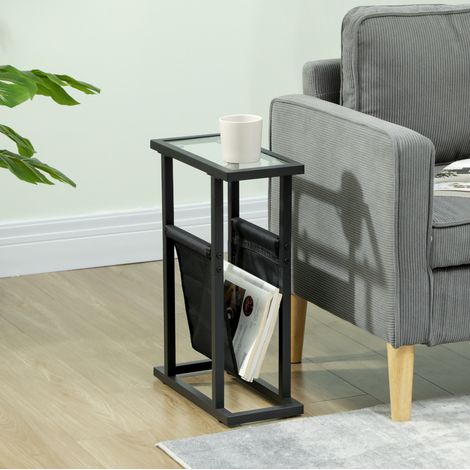 MEUBLIV Beistelltisch 40 x 18 x 55,5 cm, Schwarz – Glasplatte und Textilablage (1/5)