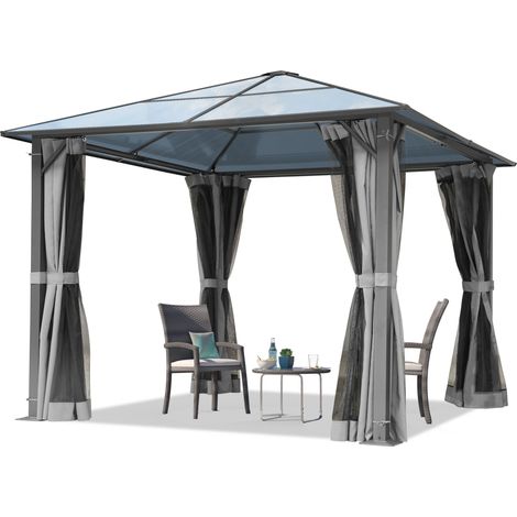 TOOLPORT Garden gazebo 3x3 m polycarbonate roof approx. 6 mm - hardtop pavilion with 4 sides & mosquito nets in grey