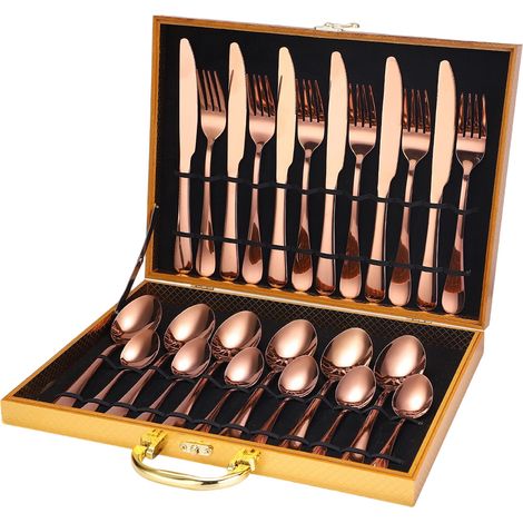 Ensemble de couverts en acier inoxydable 1010 (couteau, fourchette et cuillère) - Coffret en bois - 12 pièces - 16 pièces - 24 pièces - 36 pièces (1/5)