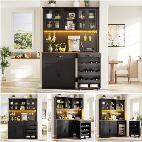Meuble de cuisine de 140 cm avec chariot à roulettes, armoire haute avec éclairage LED, meuble garde-manger avec casier à verres et à bouteilles de vin, buffet éclairé pour salon ou salle à manger
