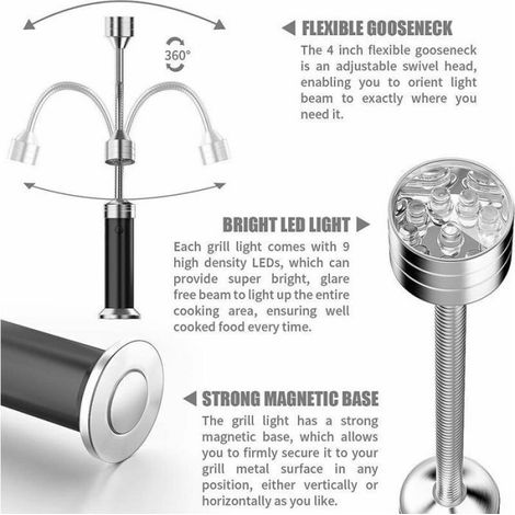 Lampe Led Barbecue - Base Magnetique - Col De Cygne Flexible 11 Cm - Rotation 360 Degres - Pour Grillage Camping Exterieur - Lot De 2 (1/5)