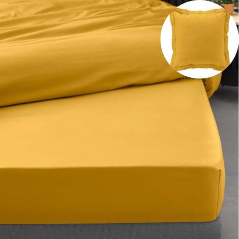 Parure Drap Housse Hôtel 140 x 190 cm + 2 Taies 63 x 63 cm Percale 78 Fils Curry (1/5)