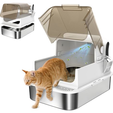 Bac à litière fermé en acier inoxydable blanc 70x50x46,5 cm, maison de toilette pour chat avec pelle.