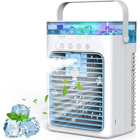 Climatiseur Mobile 4 en 1, Mini Climatiseur Portable sans Évacuation, Ventilateur Climatiseur USB, 3 Vitesses, 2 Modes Brumisation, Réservoir 1000ML, Minuterie 2/4/8H, Silencieux pour Chambre Voiture (1/5)