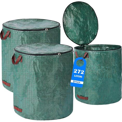 3er-Set Gartenabfallsäcke mit Deckel, 272 l – 4 reißfeste Griffe, wiederverwendbar und faltbar – robuste Polypropylen-Gartenabfallsäcke (1/4)