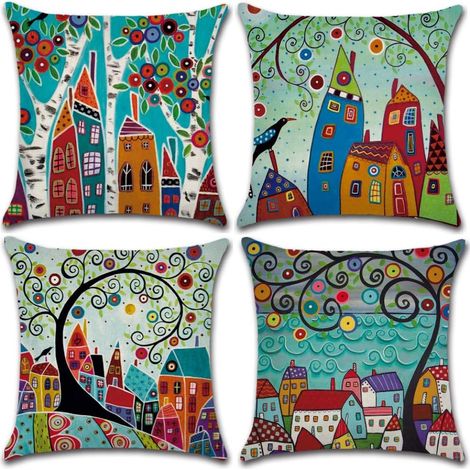 Lot de 4 housses de coussin en lin polyester taies d'oreiller de voiture ensemble décoratif pour canapé chambre, 45 x 45 cm (Cartoon Land) (1/5)