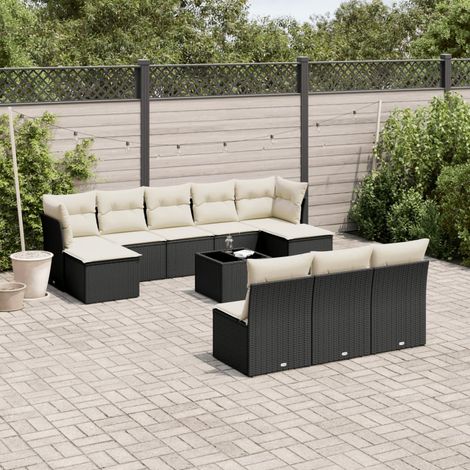 Salon de jardin modulable 11 pièces en résine tressée noire avec coussins et table en verre trempé, rangement intégré (1/3)
