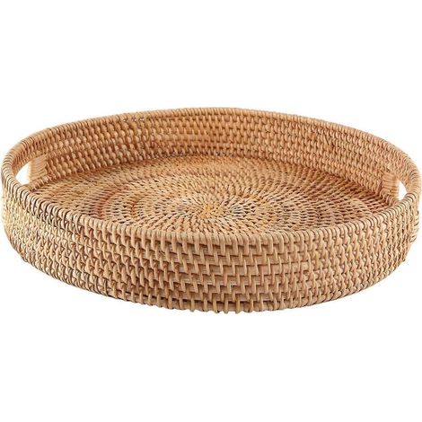 Plateau de service rond en rotin tressé décoratif avec poignées pour table basse, couleur naturelle (grand format) (1/5)