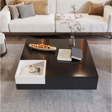 Table basse 72x72x30 cm noire en panneaux de particules avec coffre de rangement amovible et LED (1/5)
