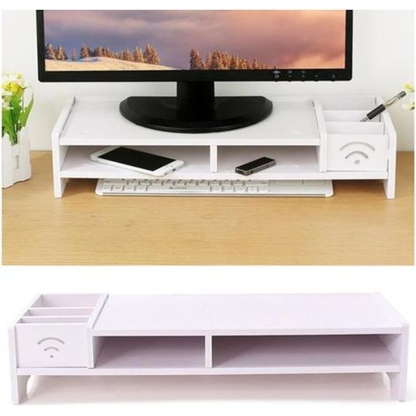 Rehausseur de Bureau en Bois Blanc à Deux Niveaux avec Support D'ordinateur et Espace de Rangement pour Imprimante et Consoles de Jeu (1/4)
