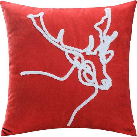 Funda de almohada decorativa de 45x45 cm, de gamuza gruesa con bordado de reno rojo. (1/2)