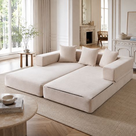 Divano modulare 198x79x60 cm in tessuto beige con contenitore per soggiorno FloraGrace (1/5)
