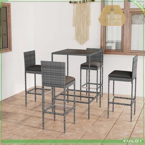 Ensemble de bar de jardin - FAFEICY - 3064831 - Résine tressée gris - Table verre trempé - 4 tabourets + coussins (1/5)