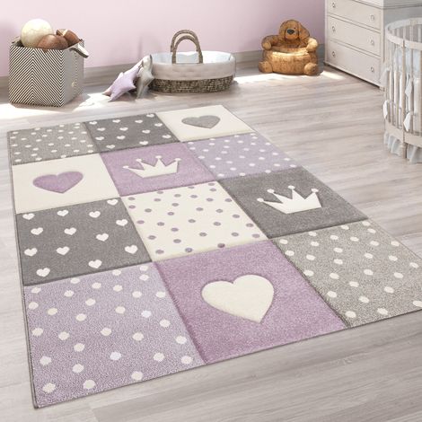 Paco Home Tappeto Per Bambini Cameretta A Quadri Punti Cuori Stelle Pastello Viola Grigio Ø 120 cm tondo