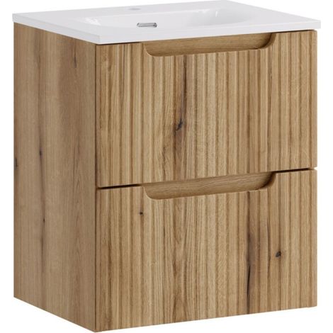 Set da bagno sospeso VANO in rovere chiaro 50cm: mobile sottolavabo con cassetti e frontale scanalato + lavabo incassato