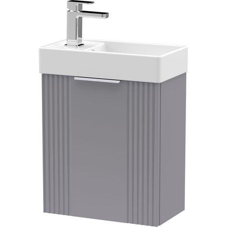Retro Wall Hung 1 Door Cloakroom Vanity Basin Unit - 400mm, Satin Grey (1/4)