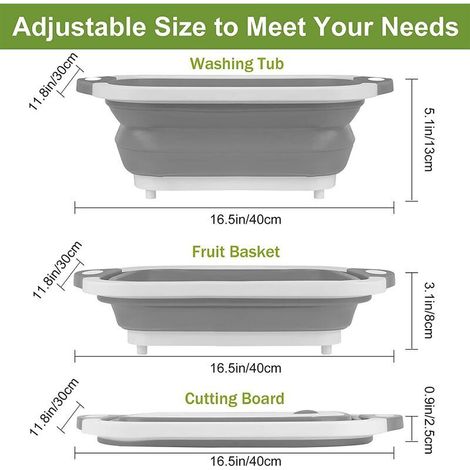 Planche à Découper Pliable 3 in 1 Multifonction Panier à Découper Panier de Rangement Panier de Drainage avec Bouchon de Drainage et Serviette pour Les Cuisines & Voyages(Gris), (1/4)